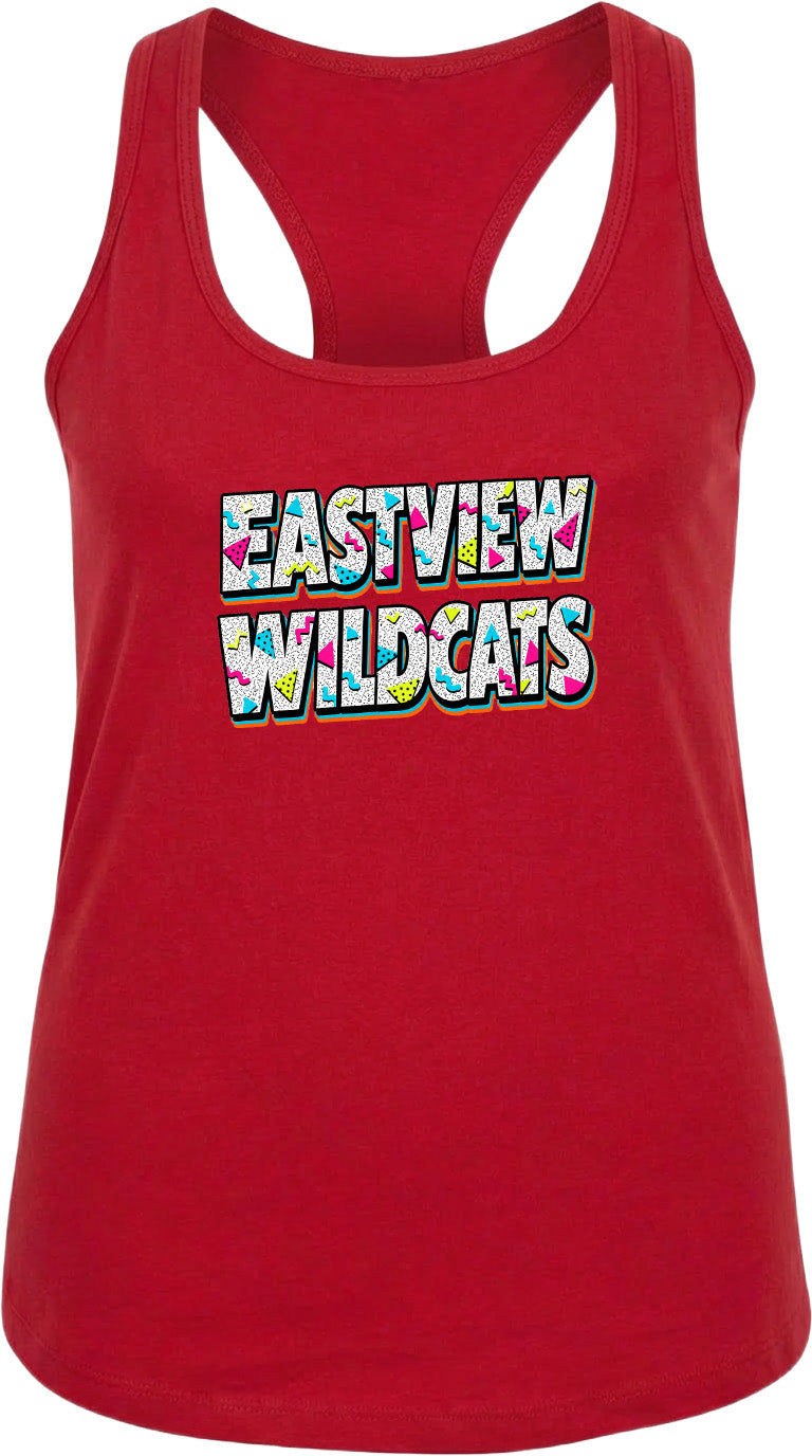 A red tank top with the text "EASTVIEW WILDCATS" printed on it.