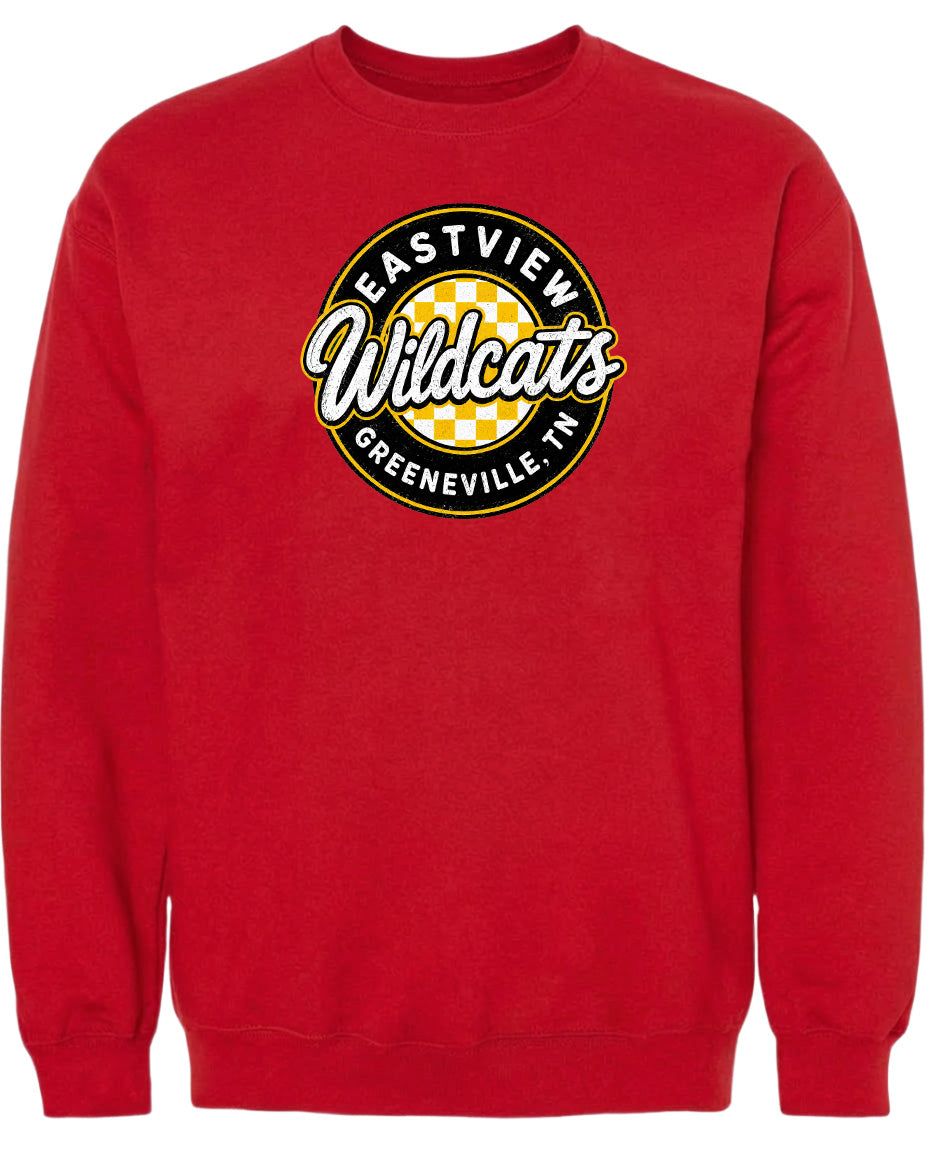 A red sweatshirt with a logo that says "EASTVIEW WILDCATS GREENEVILLE TENN".