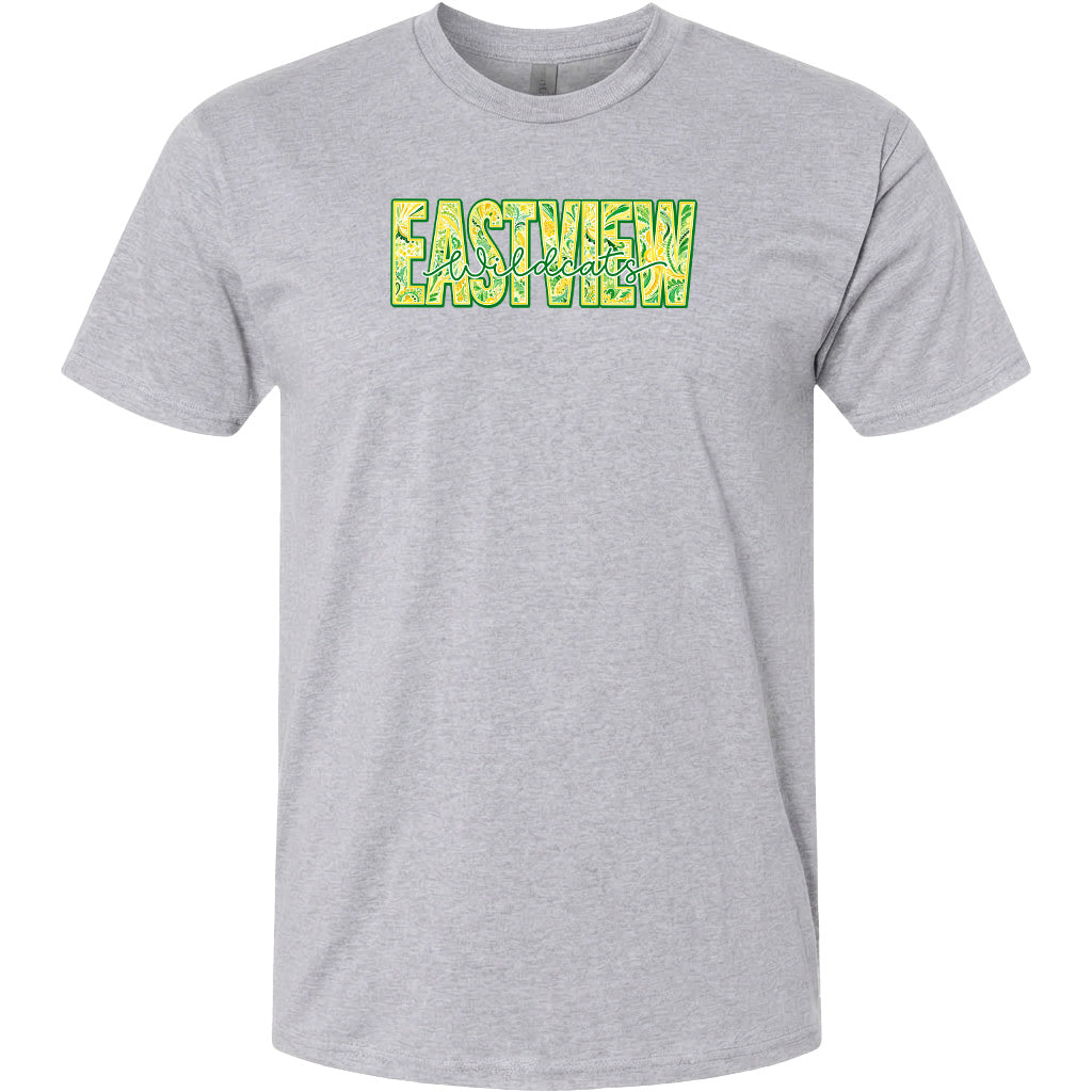 A gray t-shirt with a graphic design featuring the word "EASTVIEW" in green and yellow text.