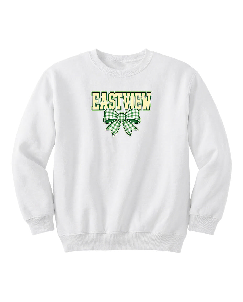 A white sweatshirt with the text "EASTVIEW" and a green bow graphic printed on it.