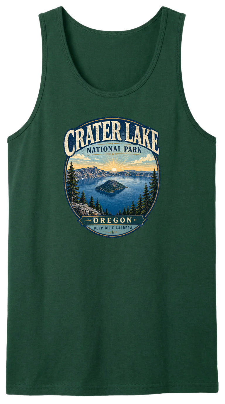 A green tank top with a graphic design depicting Crater Lake National Park in Oregon.
