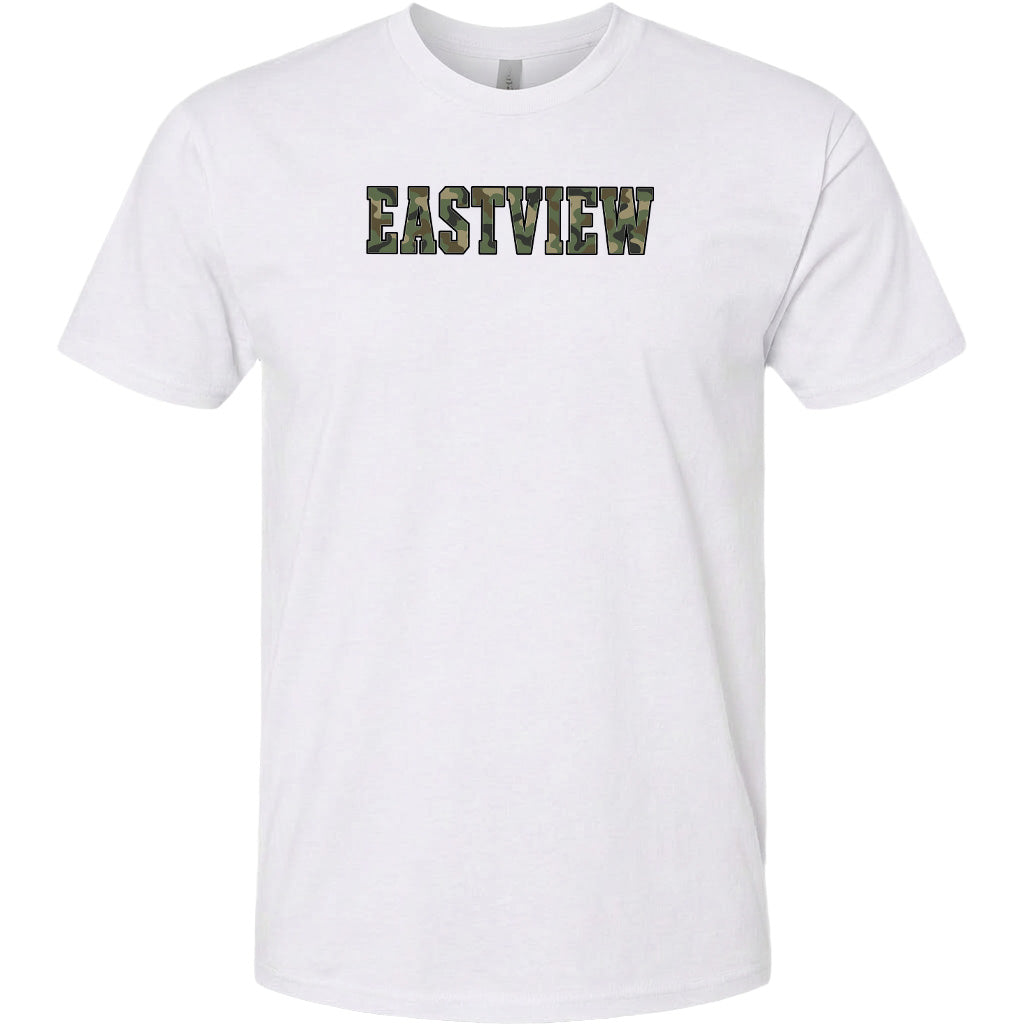 A white t-shirt with the word "EASTVIEW" printed on it in a stylized font.