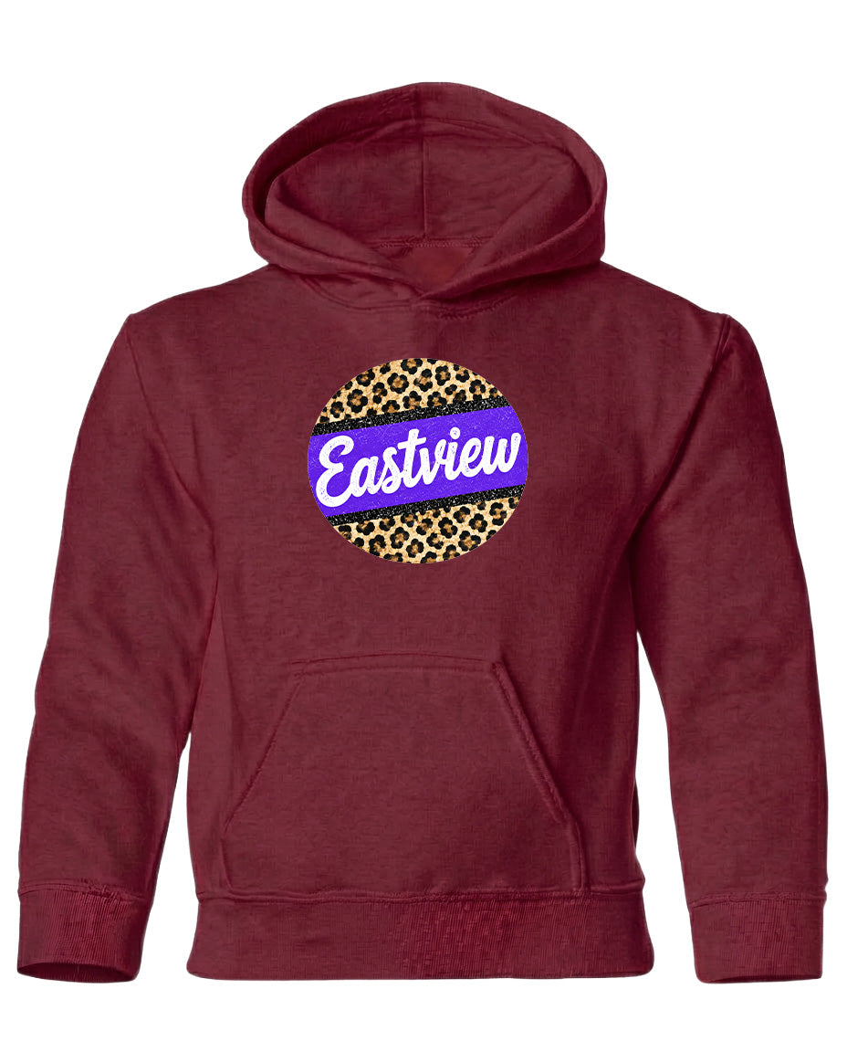 A burgundy-colored hoodie with a leopard print design and the word "Eastview" printed on it.