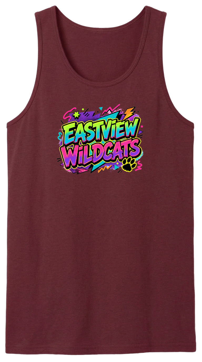 A burgundy tank top with a colorful graphic design featuring the text "EASTVIEW WILDCATS" in a vibrant, neon-like style.