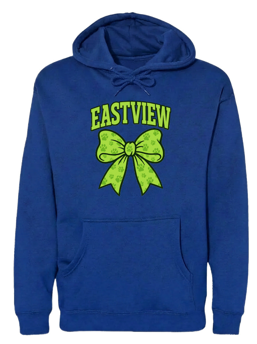 A blue hoodie with a yellow bow and the word "EASTVIEW" printed on it.