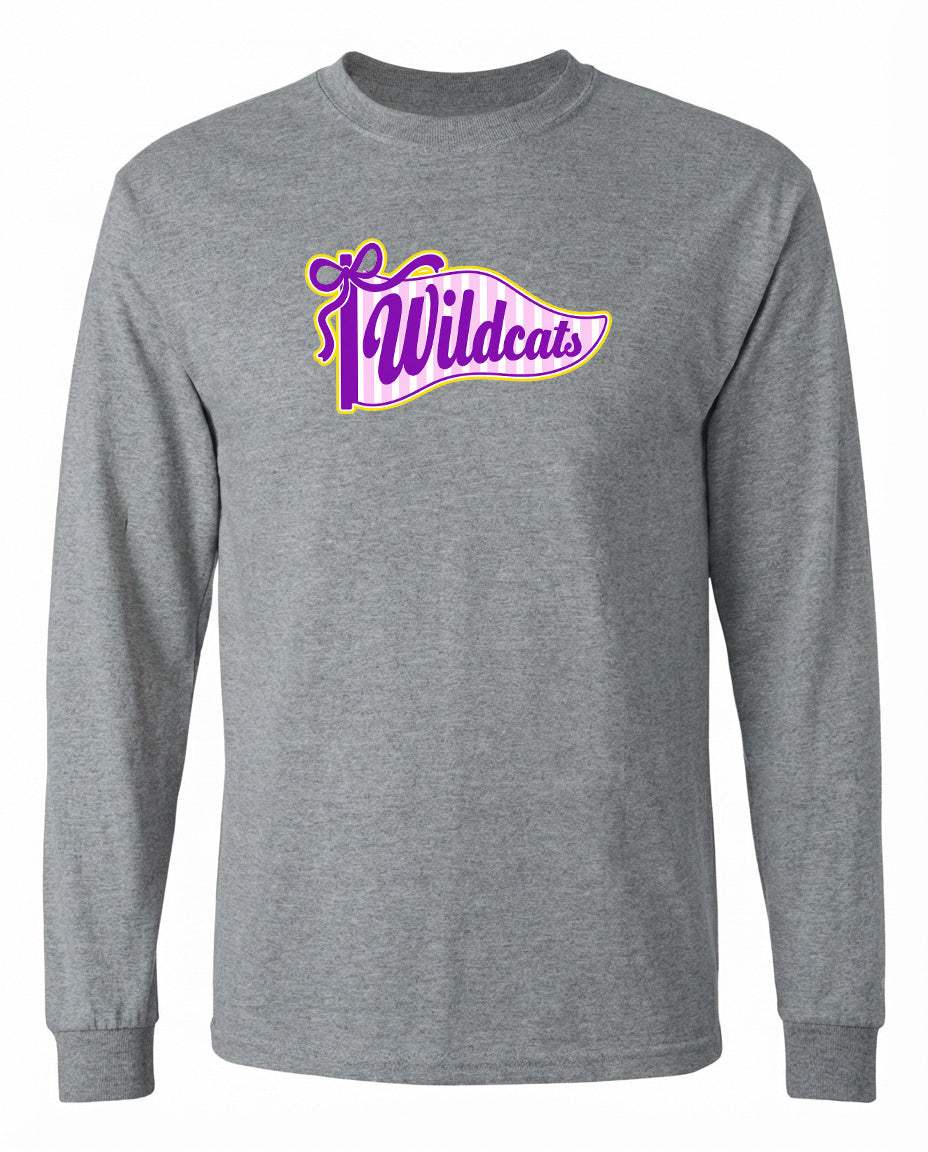 A gray long-sleeved t-shirt with a graphic design featuring the text "Wildcats" in purple and yellow colors.
