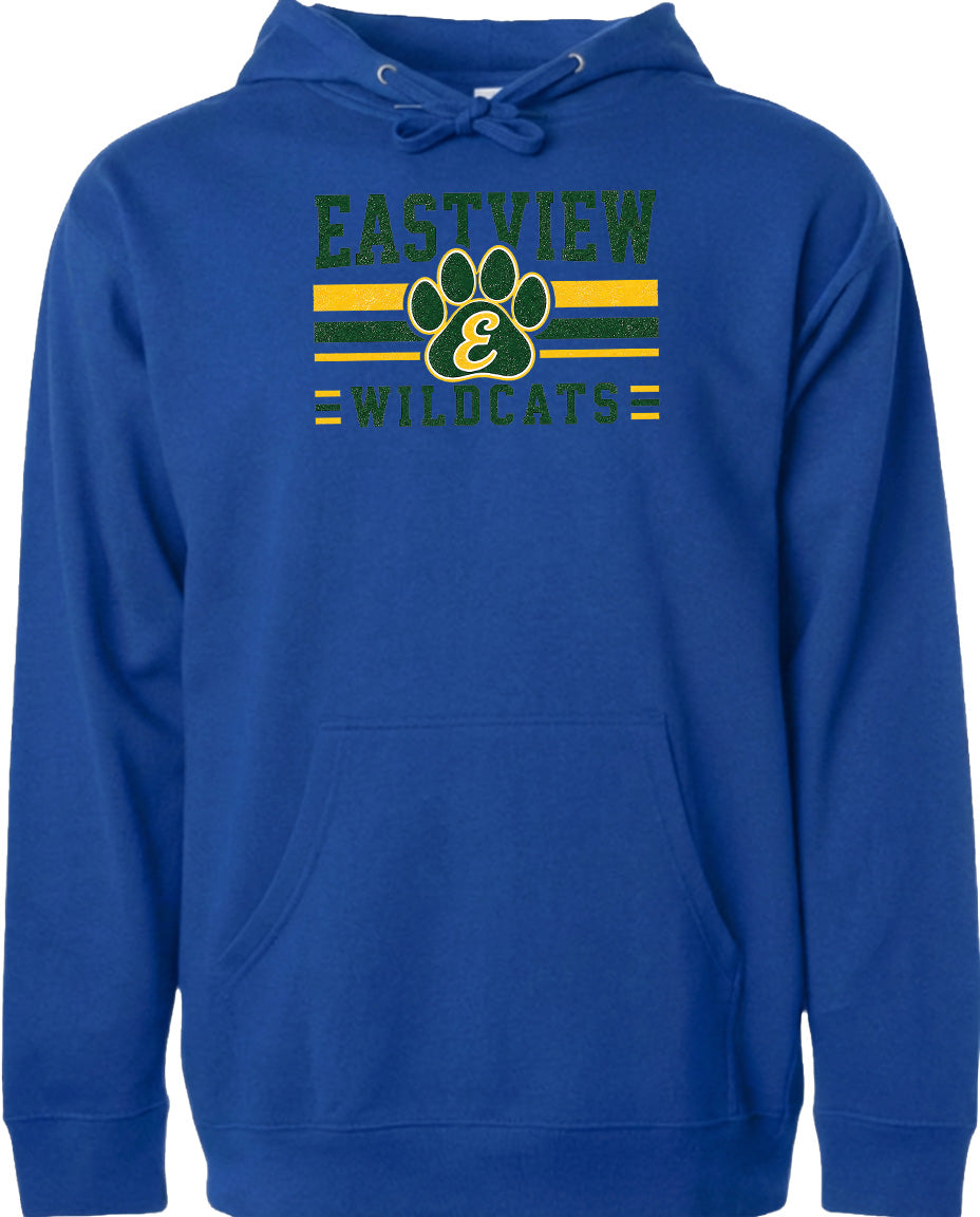 A blue hoodie with a graphic design featuring the text "EASTVIEW WILDCATS" and a paw print symbol.