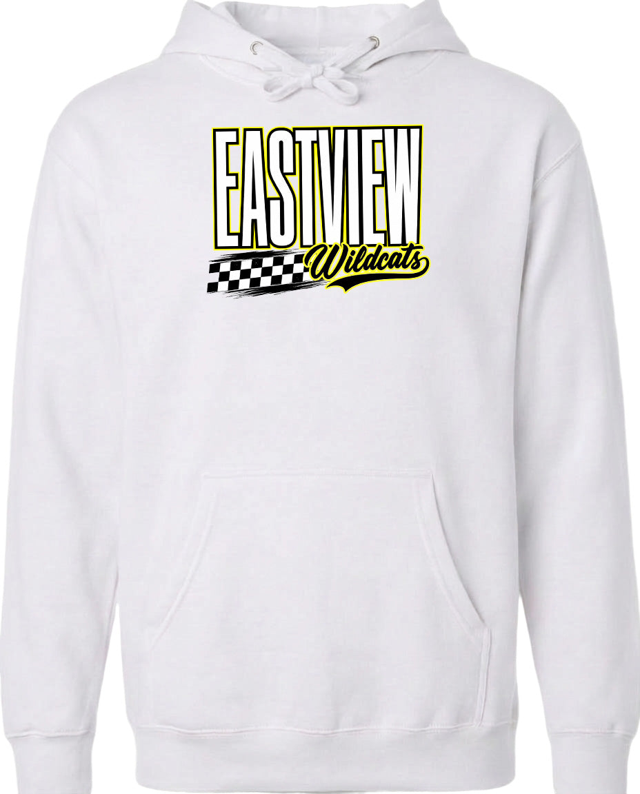 A white hoodie with a graphic design featuring the text "EASTVIEW Wildcats" in yellow and black.