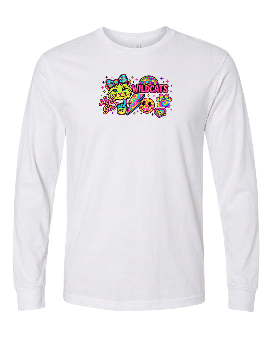 A white long-sleeved t-shirt with a colorful graphic design featuring a smiling cat, a yellow bird, and various other whimsical elements.