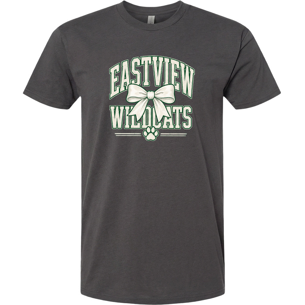 A gray t-shirt with a graphic design featuring the text "EASTVIEW WILDLIFE" and a bow.