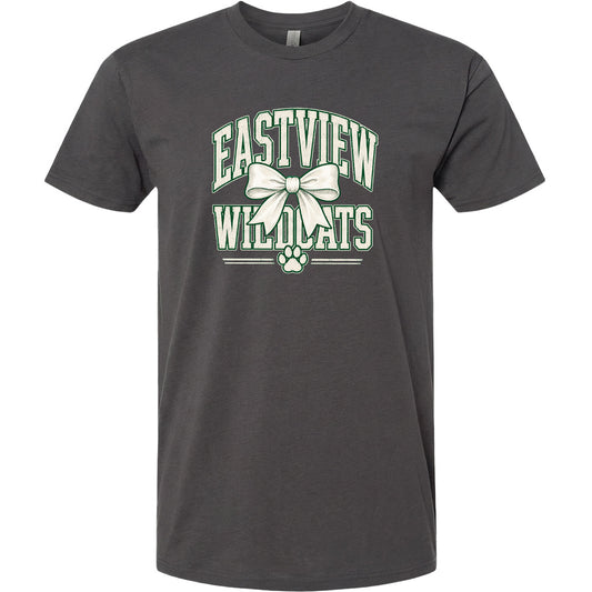A gray t-shirt with a graphic design featuring the text "EASTVIEW WILDLIFE" and a bow.