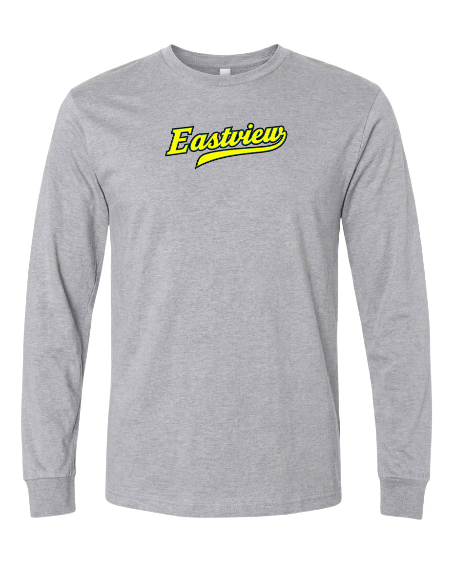 A gray long-sleeved t-shirt with a yellow text logo on the front.