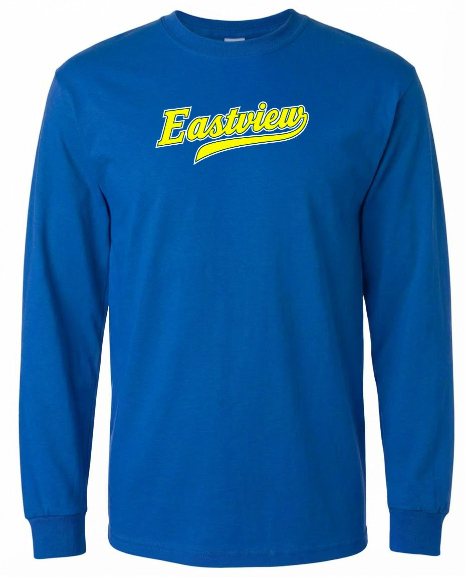 A blue long-sleeved t-shirt with the word "Eastview" printed in yellow on the front.