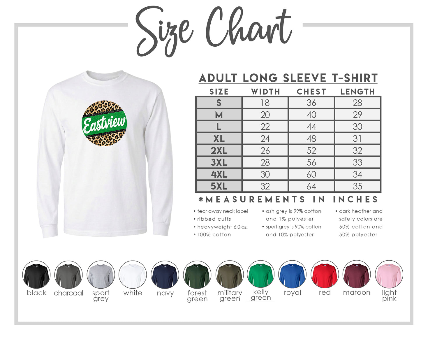 The image is a size chart for an adult long sleeve t-shirt, providing measurements and corresponding shirt colors.