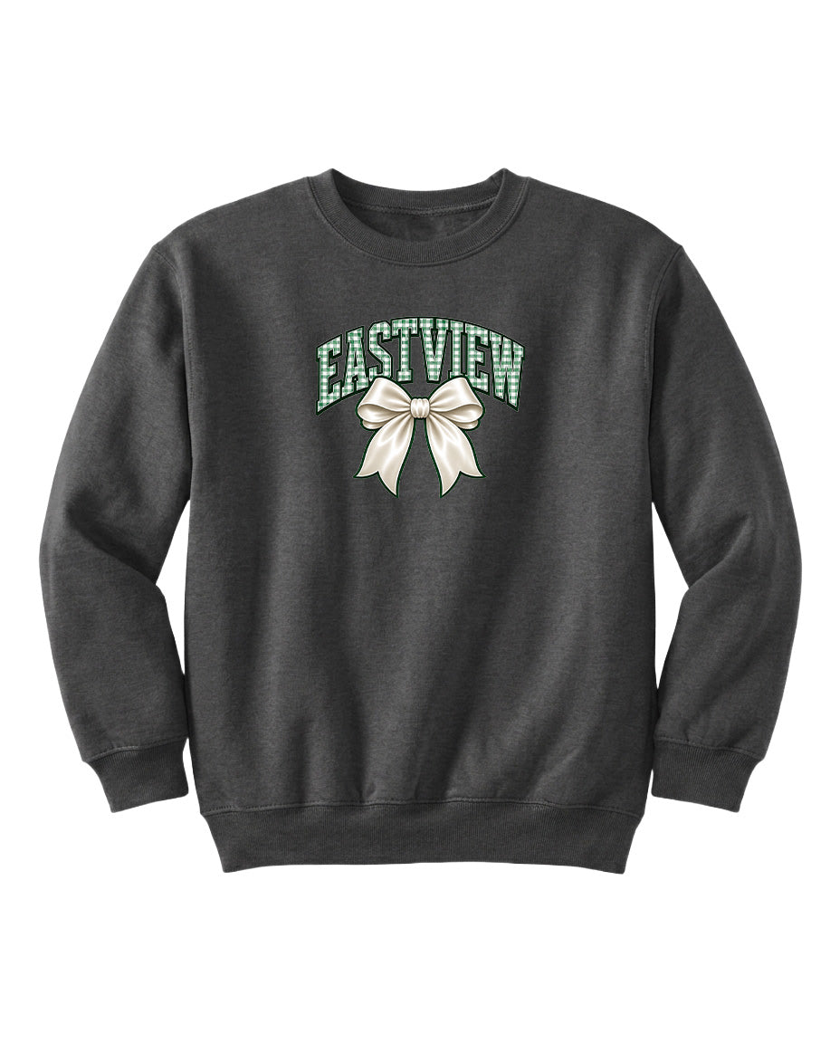 A gray sweatshirt with a green bow and the word "EASTVIEW" printed on it.
