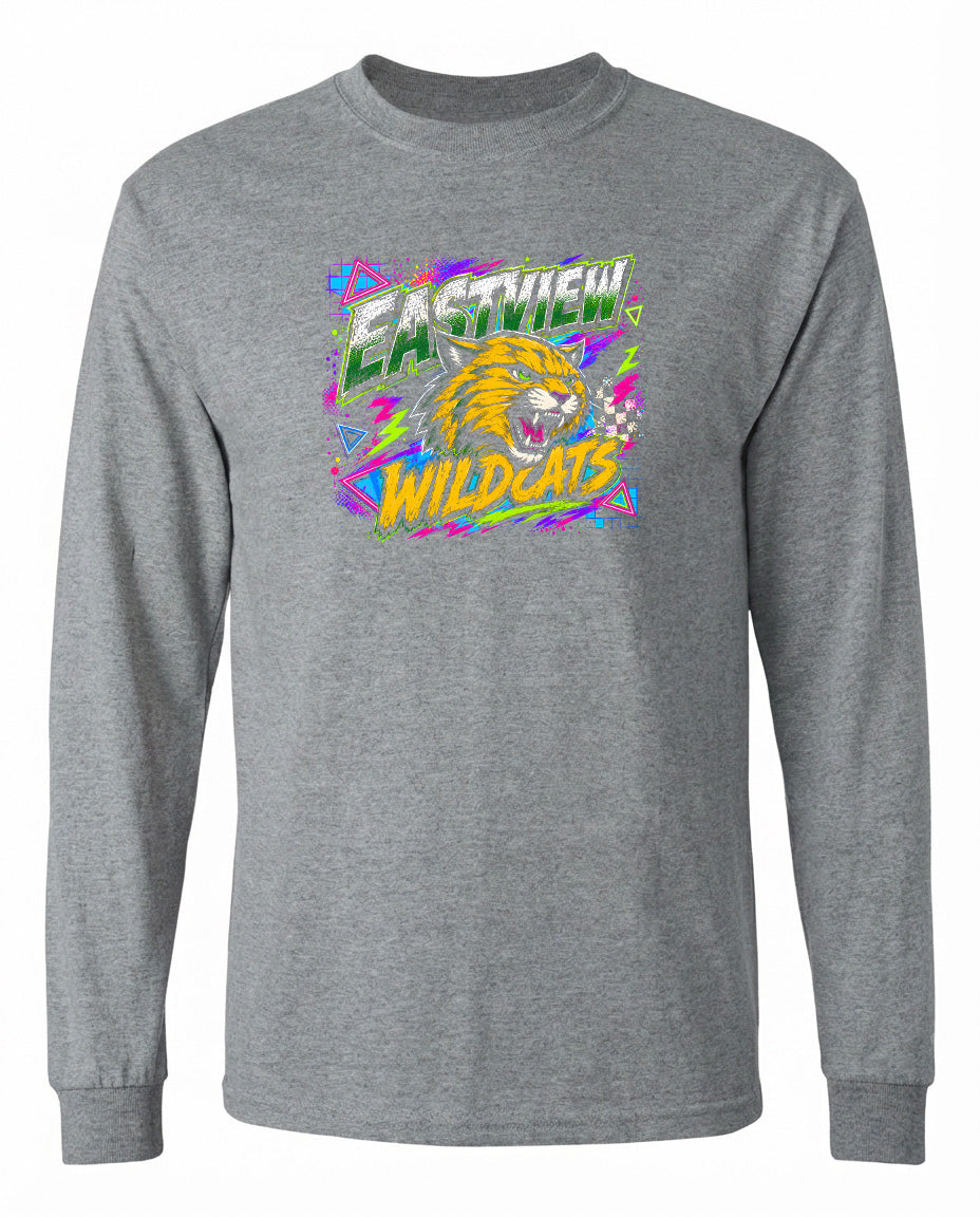 A gray long-sleeved t-shirt with a graphic design featuring a yellow and orange cat with a fierce expression, surrounded by colorful geometric shapes and text.