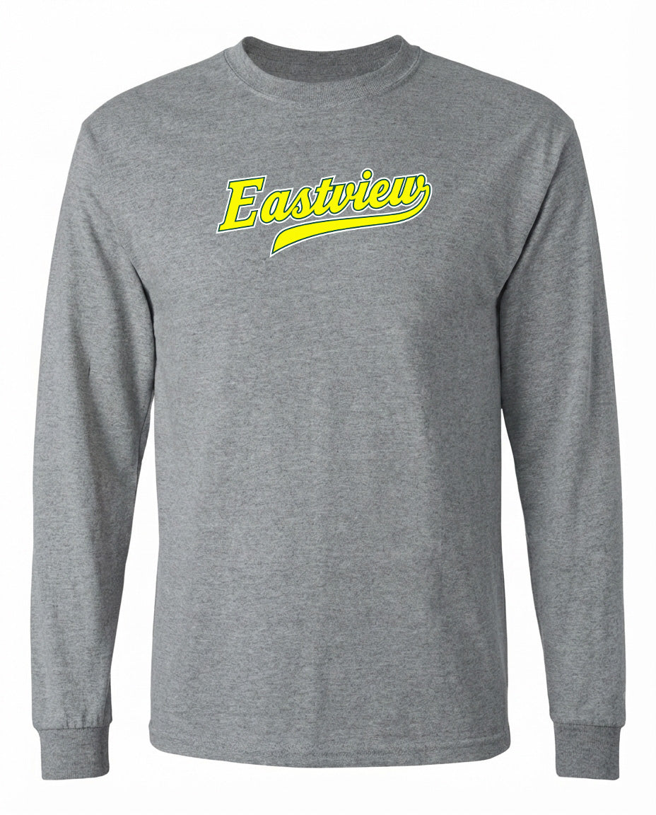 A gray long-sleeved t-shirt with the word "Eastview" printed in yellow on the front.