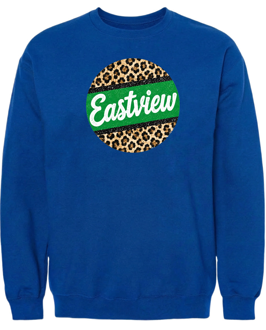A blue sweatshirt with a leopard print design and the word "Eastview" printed on it.