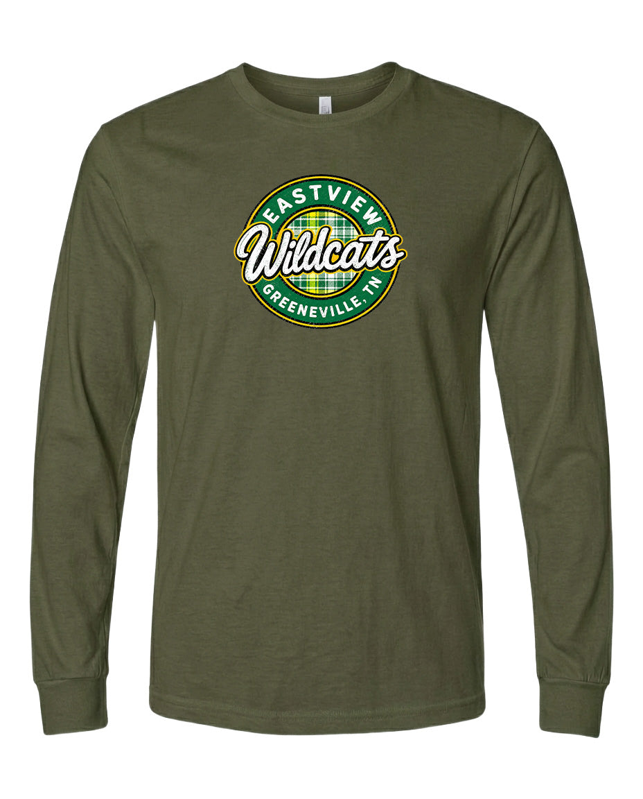 A long-sleeved olive green t-shirt with a circular logo on the front.
