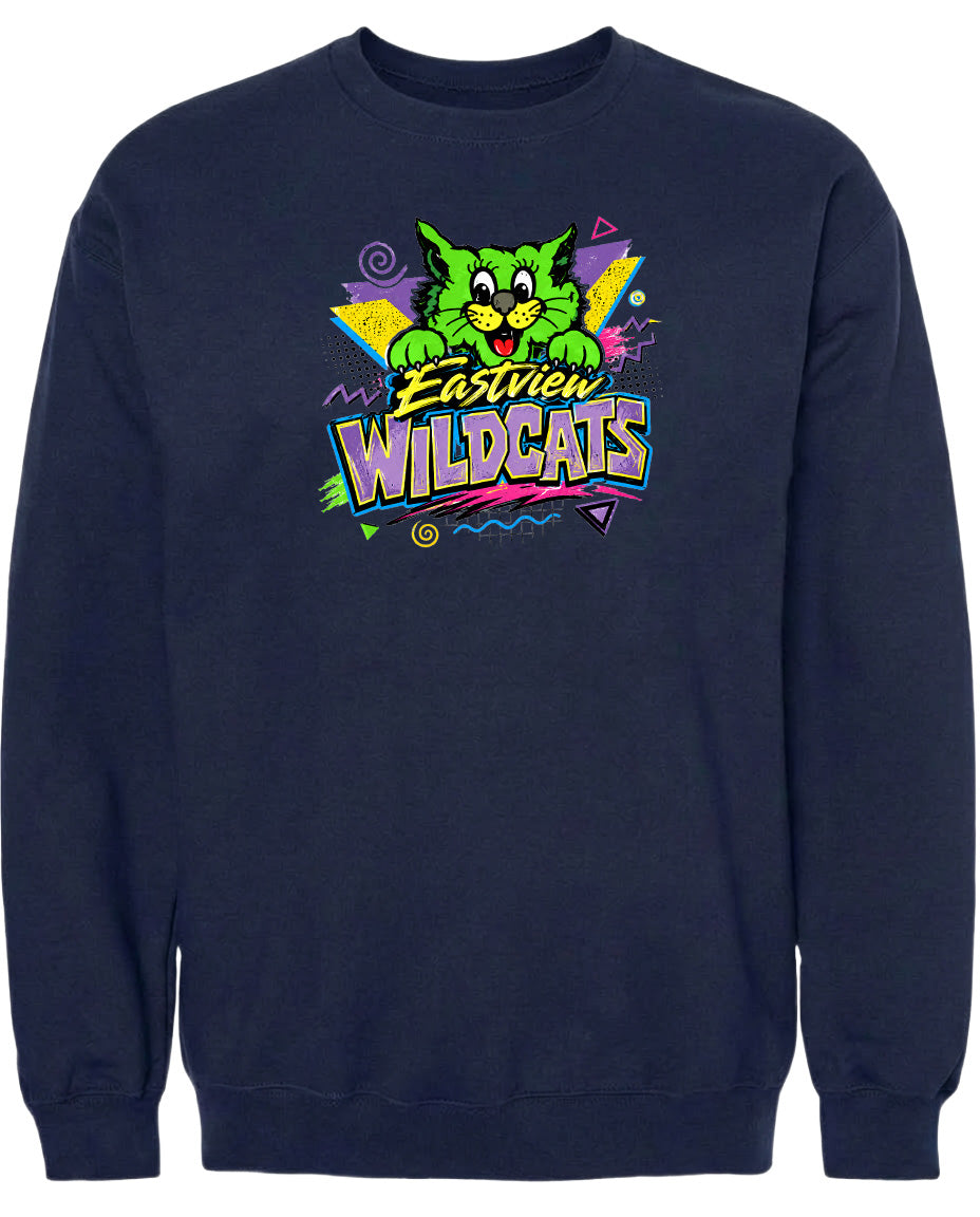 A navy blue sweatshirt with a colorful graphic design featuring a cartoon cat and the text "Eastview Wildcats".