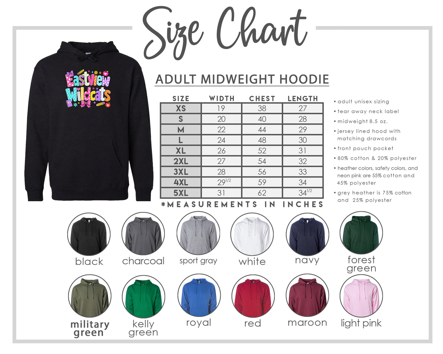 The image is a size chart for an adult midweight hoodie, including various color options and corresponding measurements in inches.