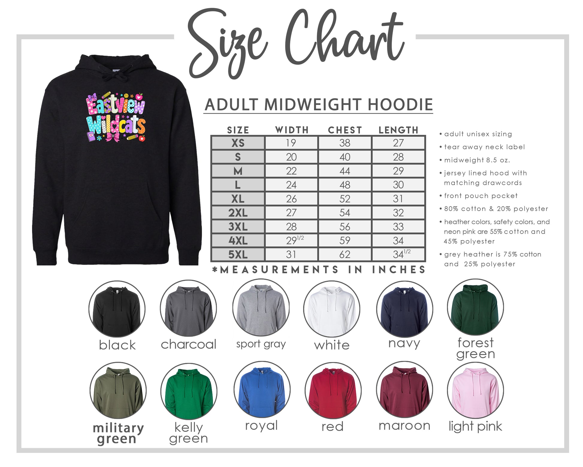 The image is a size chart for an adult midweight hoodie, including various color options and corresponding measurements in inches.