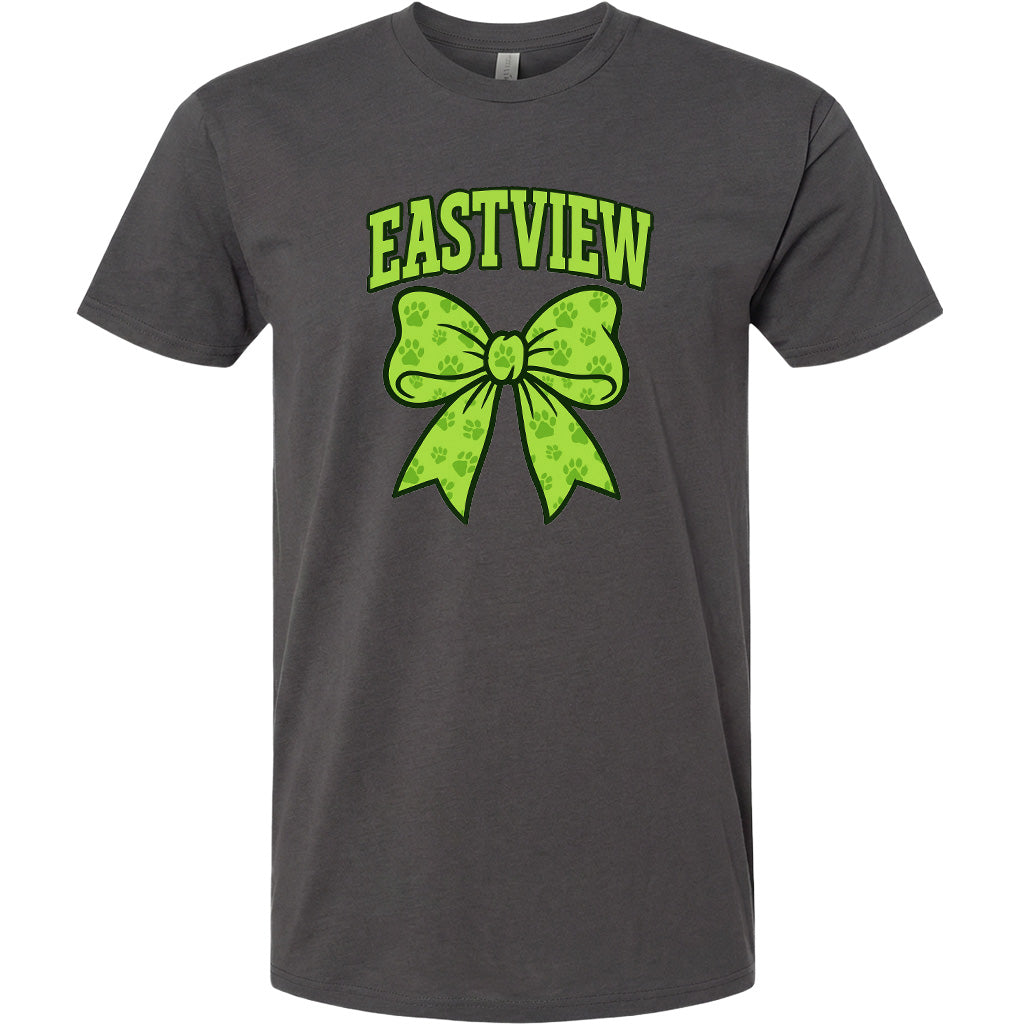 A gray t-shirt with a green bow and the text "EASTVIEW" printed on it.