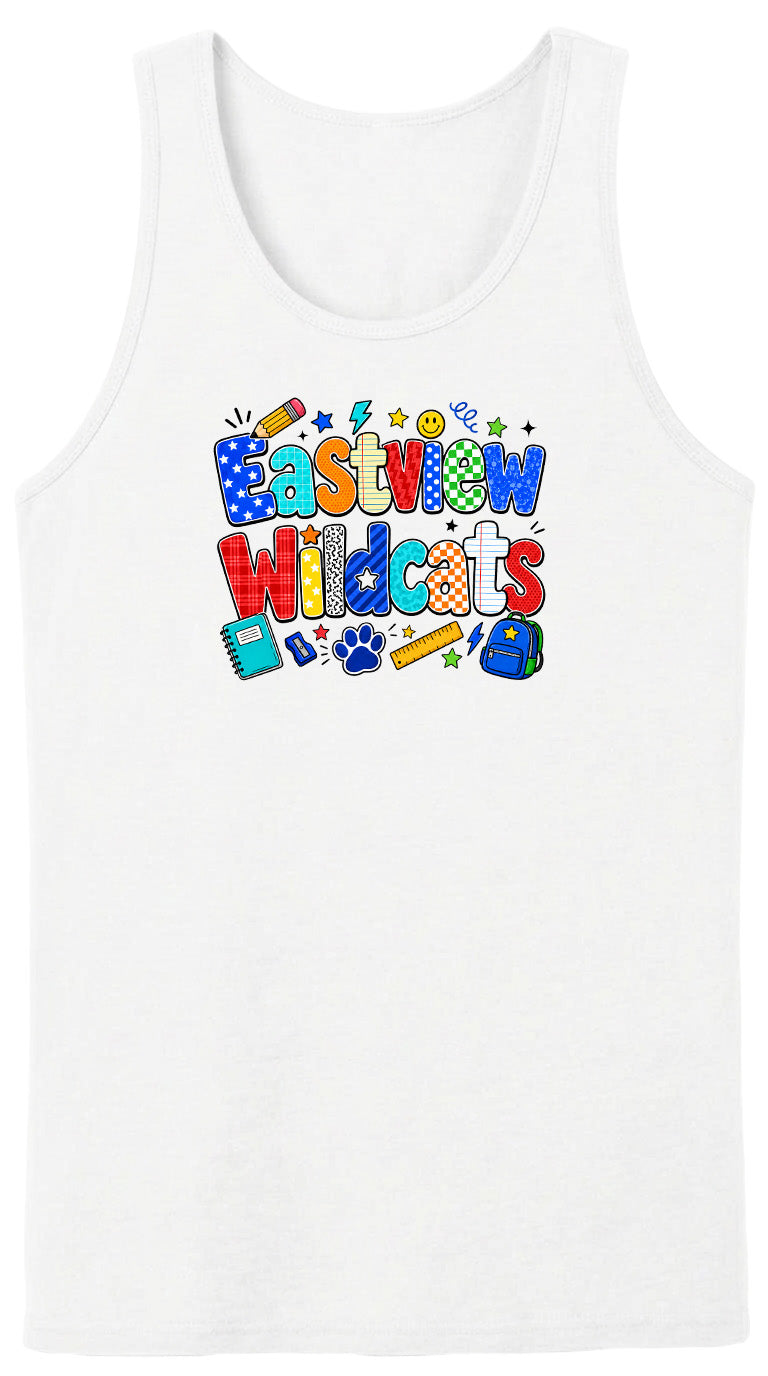 A white tank top with a colorful graphic design featuring the text "Eastview Wildcats" surrounded by various school-related icons and objects.