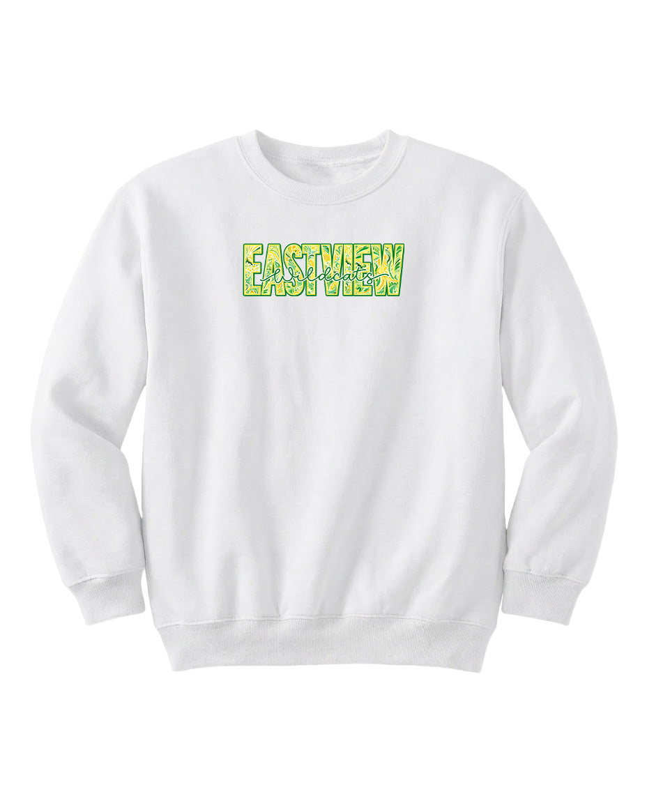 A white sweatshirt with the word "EASTVIEW" printed in green text across the front.