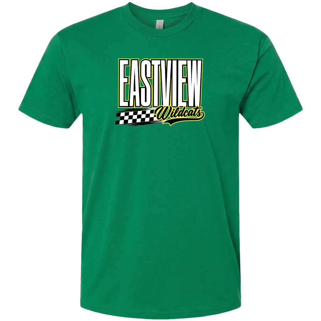 A green t-shirt with a graphic design featuring the text "EASTVIEW Wildcats" in a bold, stylized font.