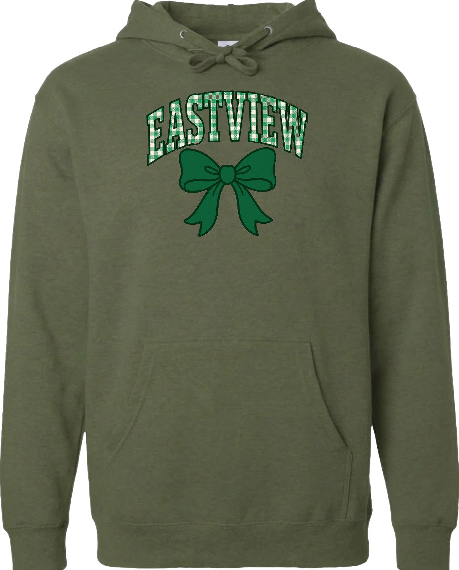 A green hoodie with a bow and the word "EASTVIEW" printed on it.