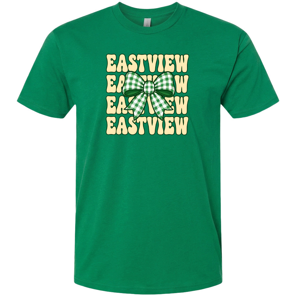 A green t-shirt with a graphic design featuring the word "EASTVIEW" repeated in a vertical pattern, with a bow-like symbol in the center.