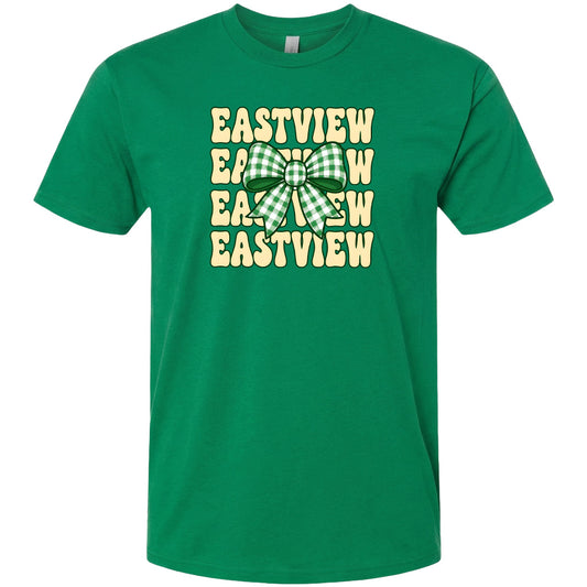 A green t-shirt with a graphic design featuring the word "EASTVIEW" repeated in a vertical pattern, with a bow-like symbol in the center.