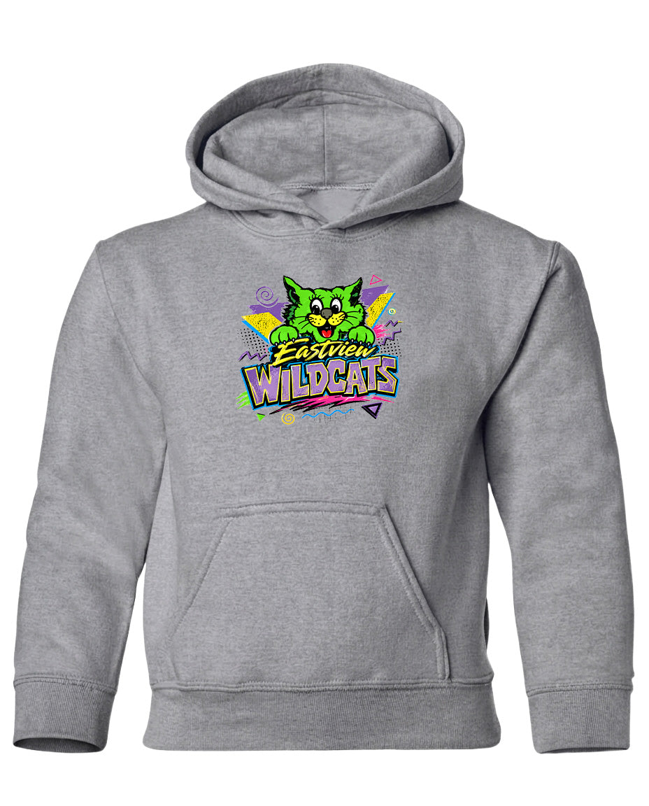 A gray hoodie with a colorful graphic design featuring a cartoon cat and the text "Eastview Wildcats".
