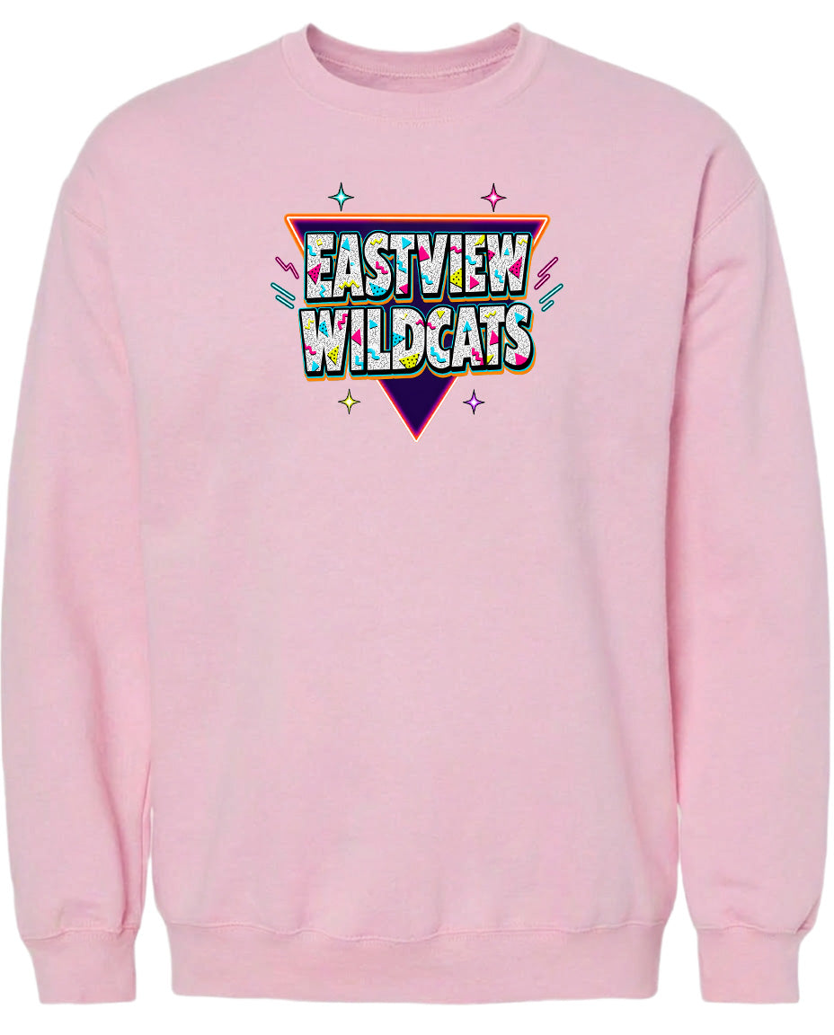 A pink sweatshirt with a graphic design featuring the text "EASTVIEW WILDCATS" in a colorful, retro-style font.