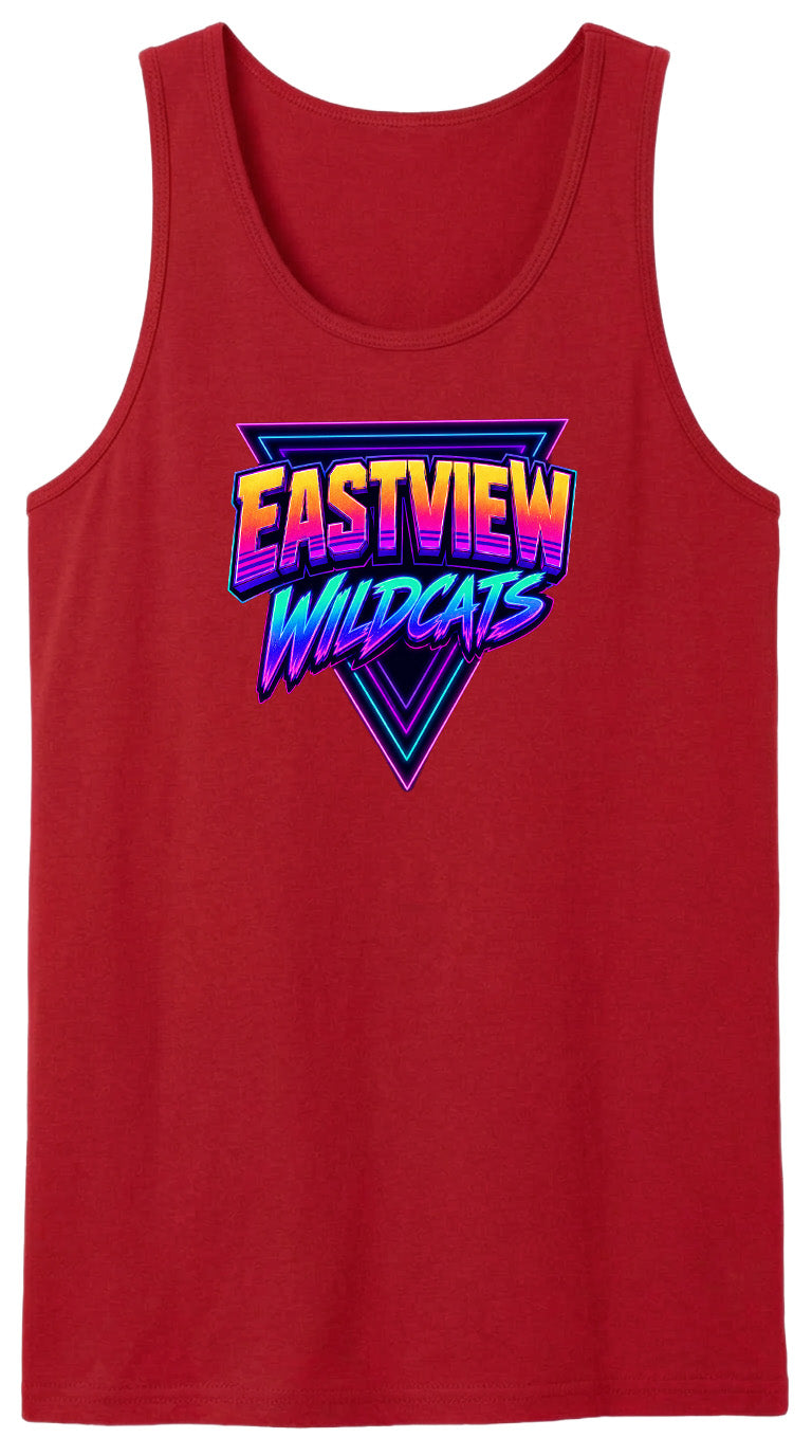 A red tank top with a graphic design featuring the text "EASTVIEW WILDCATS" in a retro style.