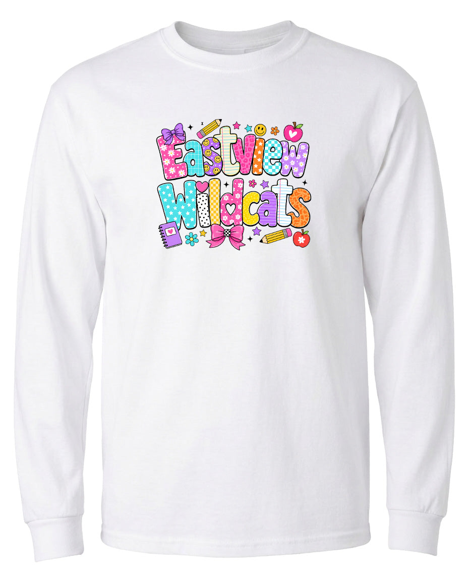 A white long-sleeved t-shirt with a colorful graphic design featuring the text "Eastview Wildcats" in a playful, cartoon-like font.