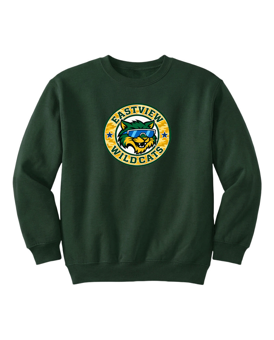 A dark green sweatshirt with a logo on the front.