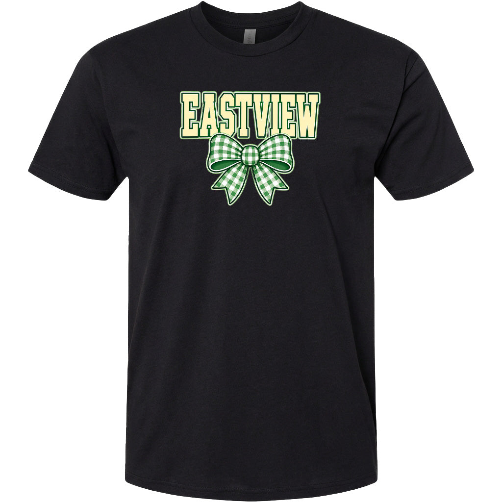 A black t-shirt with a green and white bow and the word "EASTVIEW" printed on it.