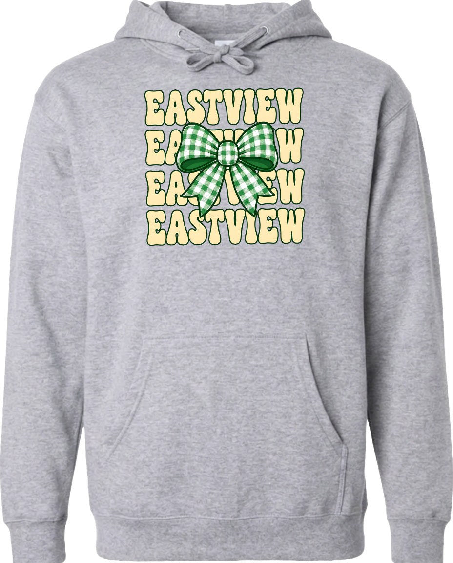 A gray hoodie with a graphic design featuring a green and white bow on the front.