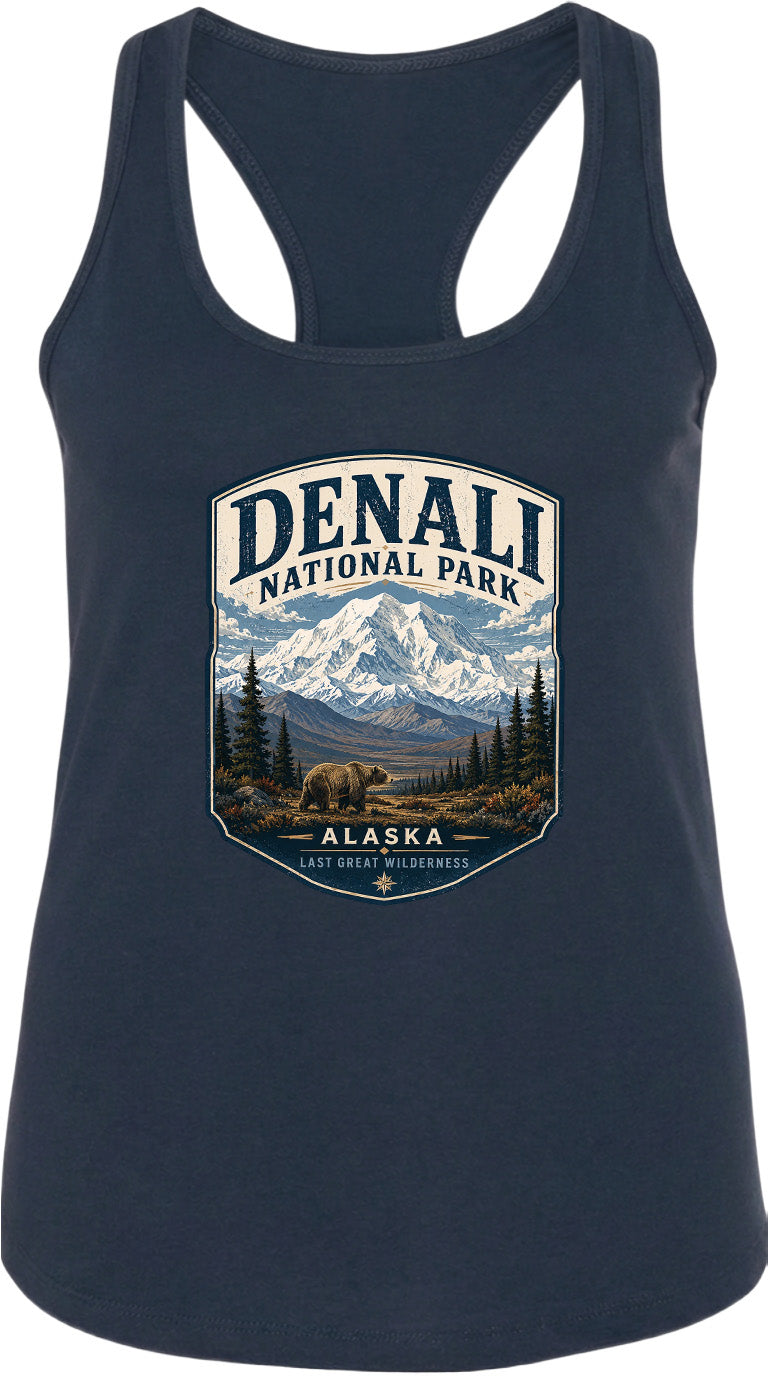A tank top with a graphic design featuring a mountain landscape and the text "DENALI NATIONAL PARK ALASKA LAST GREAT WILDERNESS".