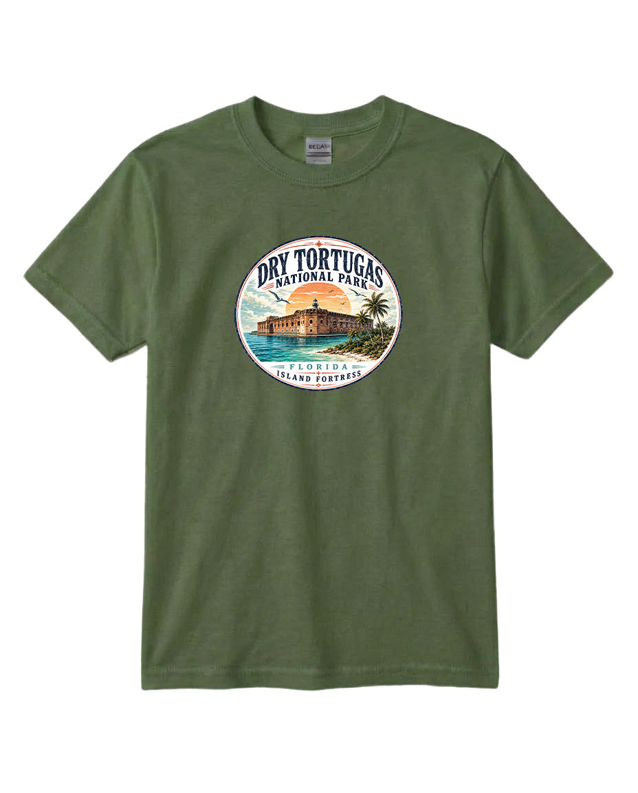 A green t-shirt with a circular graphic design featuring a tropical beach scene and the text "Dry Tortugas National Park, Florida, Tortuga Island".