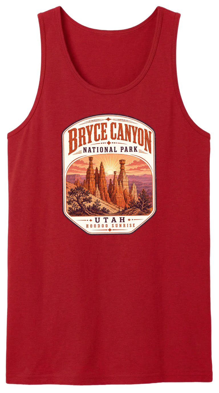 A red tank top with a graphic design depicting the Bryce Canyon National Park in Utah.