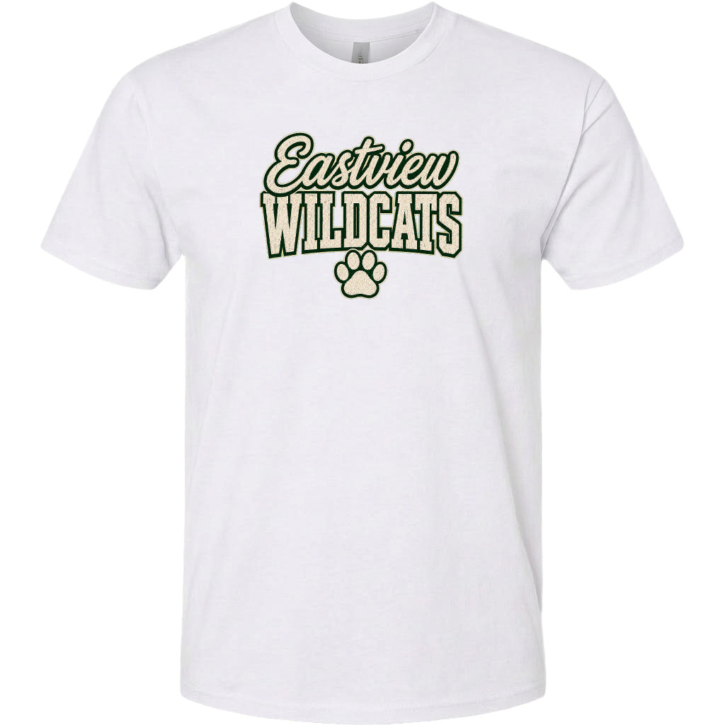 A white t-shirt with the text "Eastview Wildcats" printed on it.