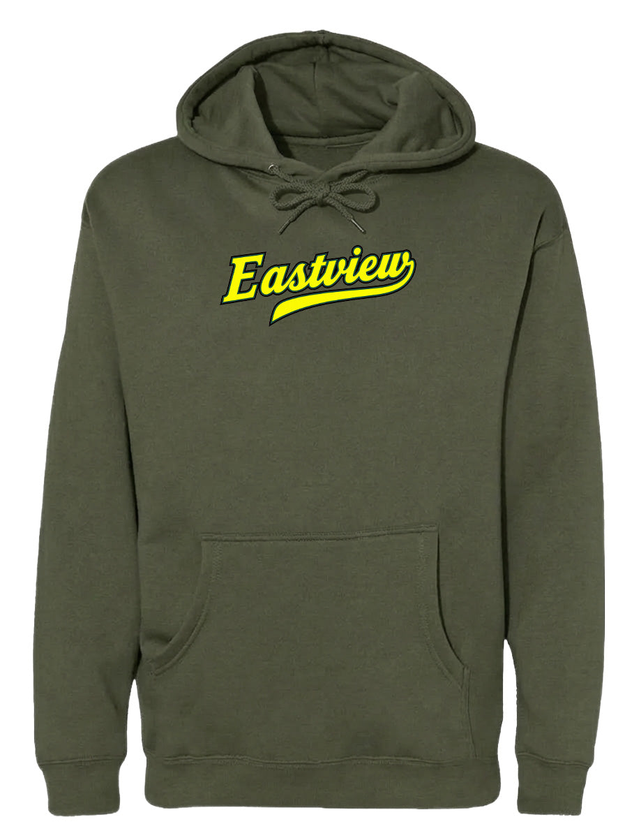 A dark green hoodie with a yellow logo on the front.