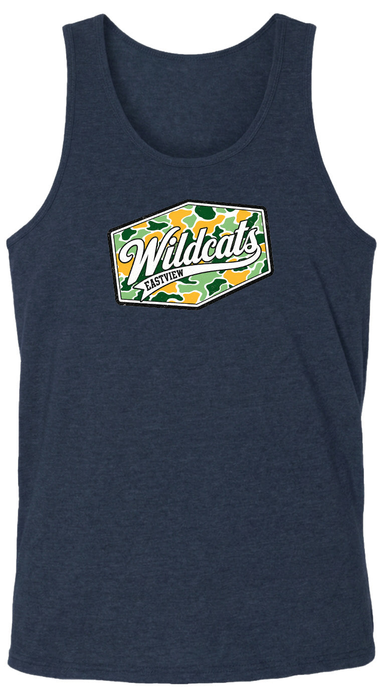 A navy blue tank top with a graphic design featuring the text "Wildcats" and a camouflage pattern.