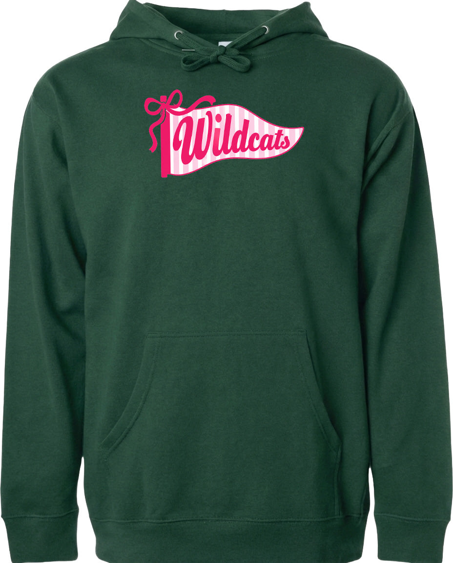 A dark green hoodie with a pink and white banner that says "Wildcats" on it.