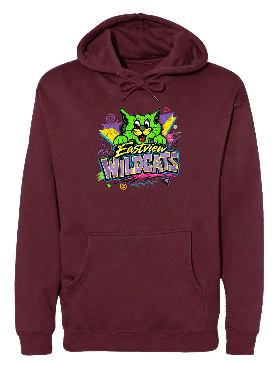 A burgundy hoodie with a colorful graphic design featuring a cartoon cat and the text "EASTVIEW WILDCATS".