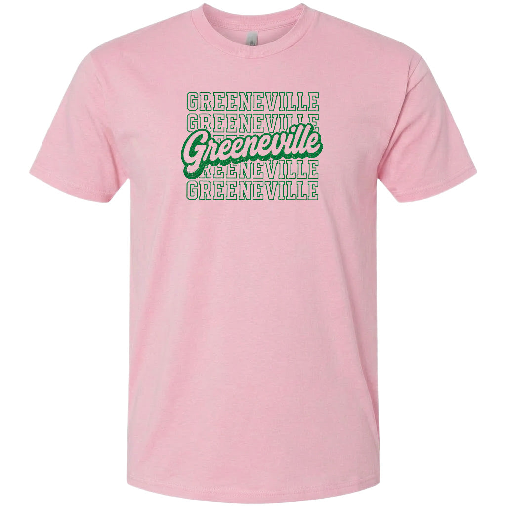 A pink t-shirt with the text "GREENVILLE" printed in green and white on it.