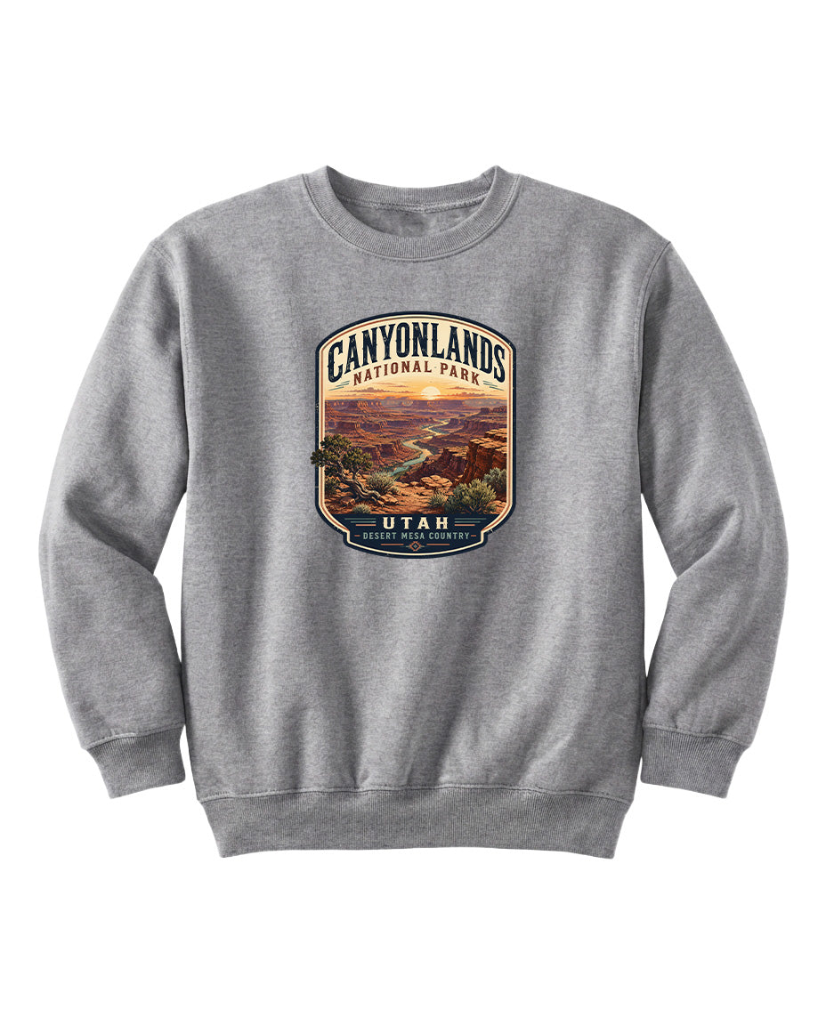 A gray sweatshirt with a graphic design depicting the scenic landscape of Canyonlands National Park in Utah.